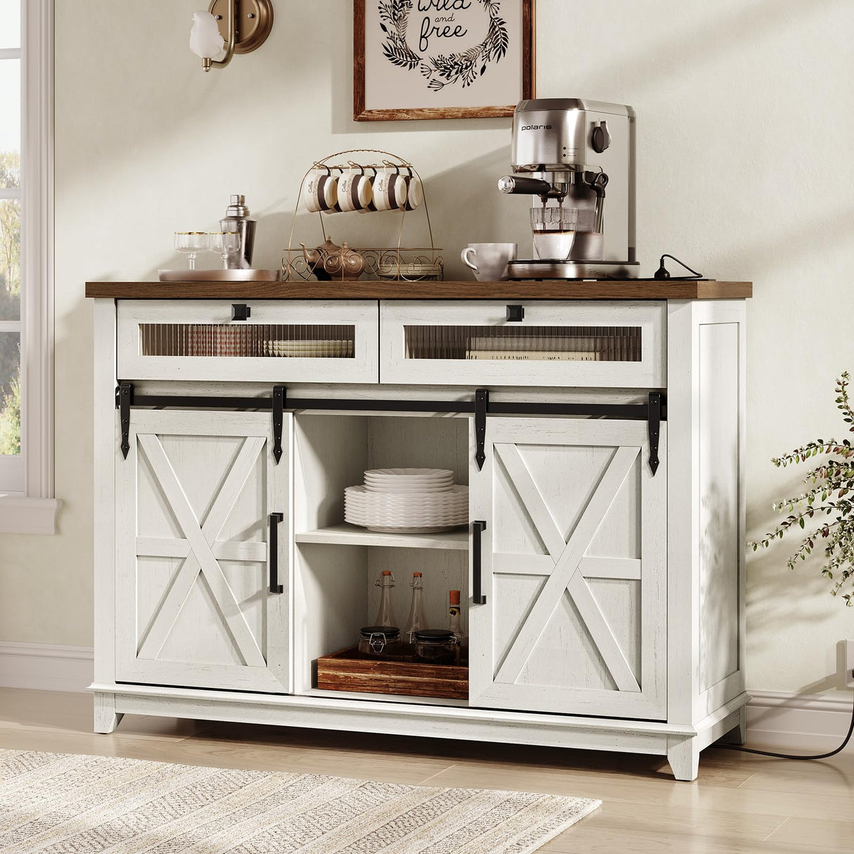 RALGEND White Farmhouse Storage Cabinet, Sideboard Buffet Cabinet with Storage, Kitchen Buffet Storage Cabinet with Power Outlet & LED Light, Coffee Bar Cabinet with Sliding Barn Doors & 2 Drawers RALGEND