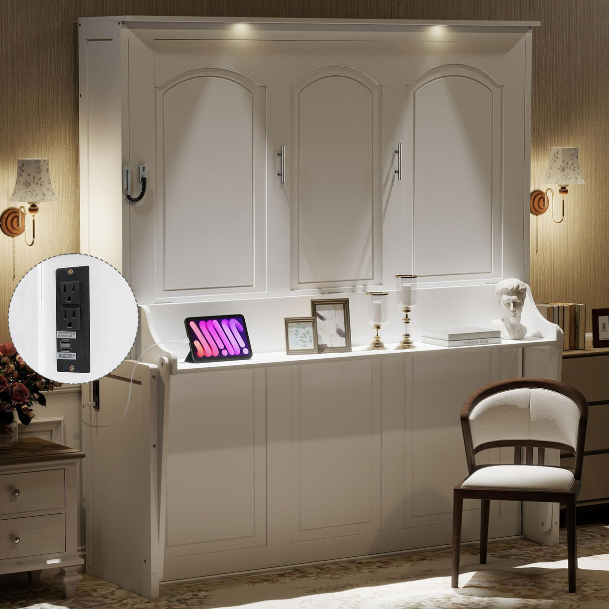 Ball & Cast Queen Size Murphy Bed with Desk,Hideaway Beds w/LED Lights and USB Charging Station,Wood Wall Cabinets Bedframe,Slat Support,Dual Piston Metal Folding Mechanism Designed,White Ball & Cast