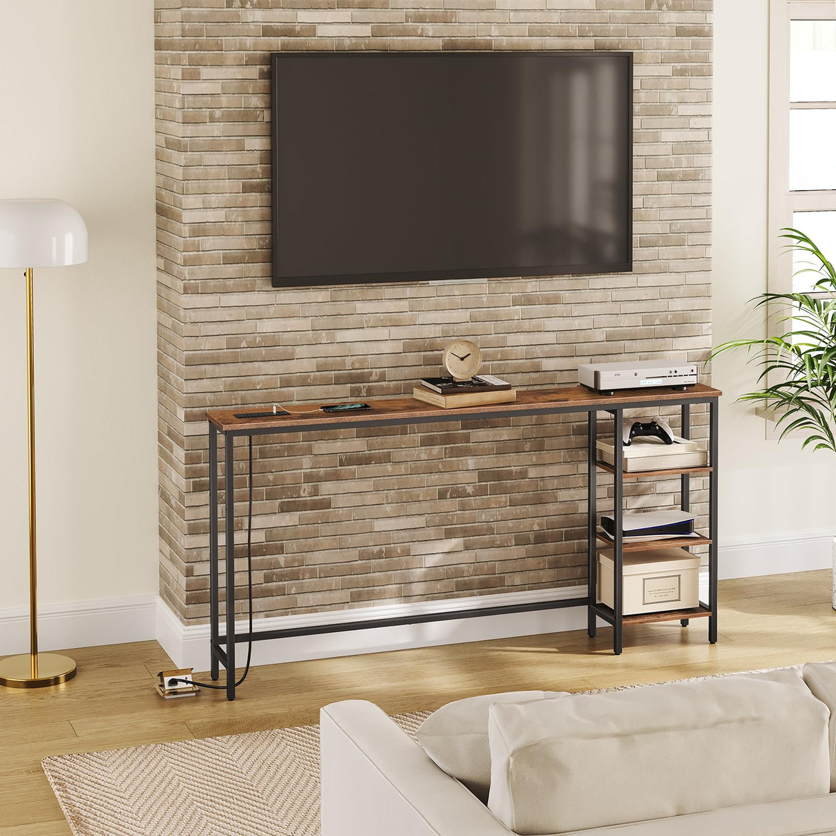 HOOBRO Rustic Brown and Black Console Table with Power Outlet and Shelves, 63" Multifunctional Sofa Table for Home Office and Entryway HOOBRO