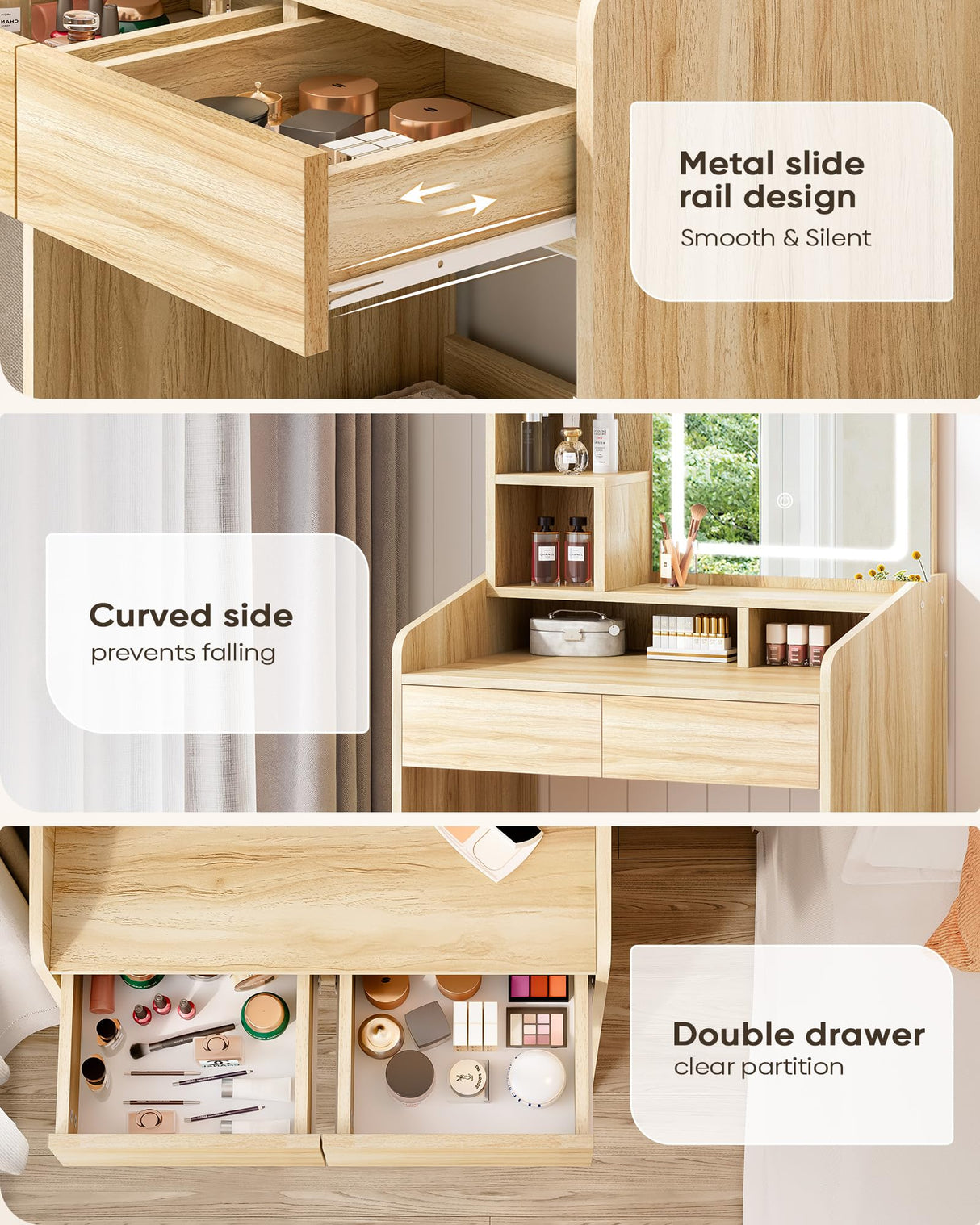 LIVELYGLOW Small Vanity Desk Set with Square Mirror and Light- Vanity Desk with Drawers- Wood LIVELYGLOW
