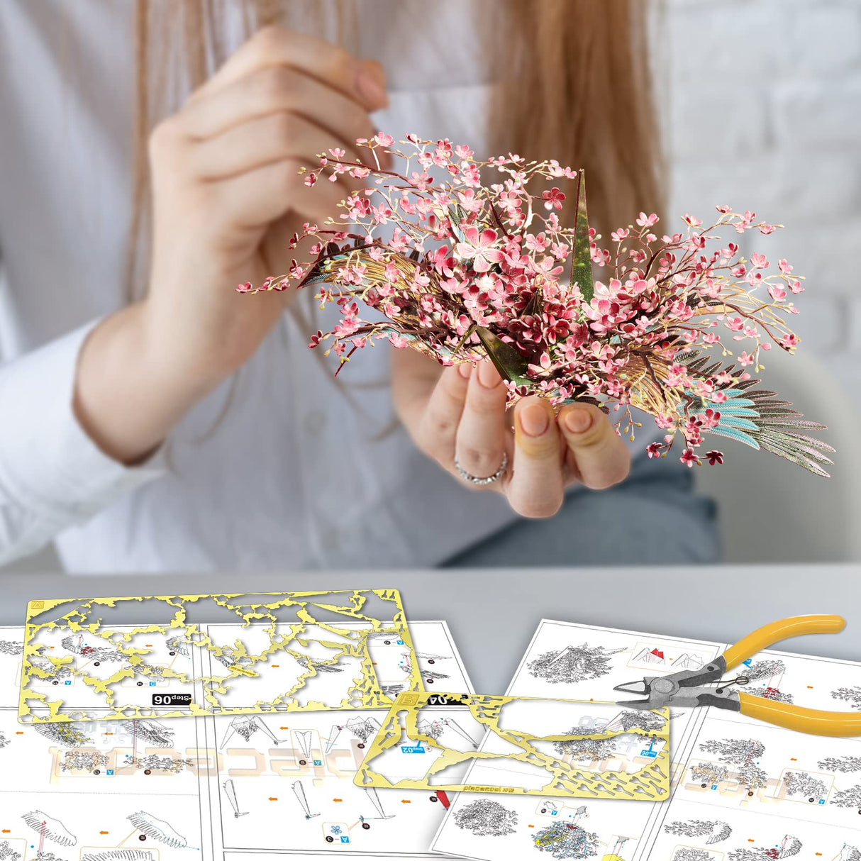 Piececool 3D Metal Model Puzzles for Adults, Peach Blossom Wish Cranes Model Building Kits, Brain Teaser Puzzle Beautiful DIY Craft Kits Great Birthday, 65Pcs Piececool