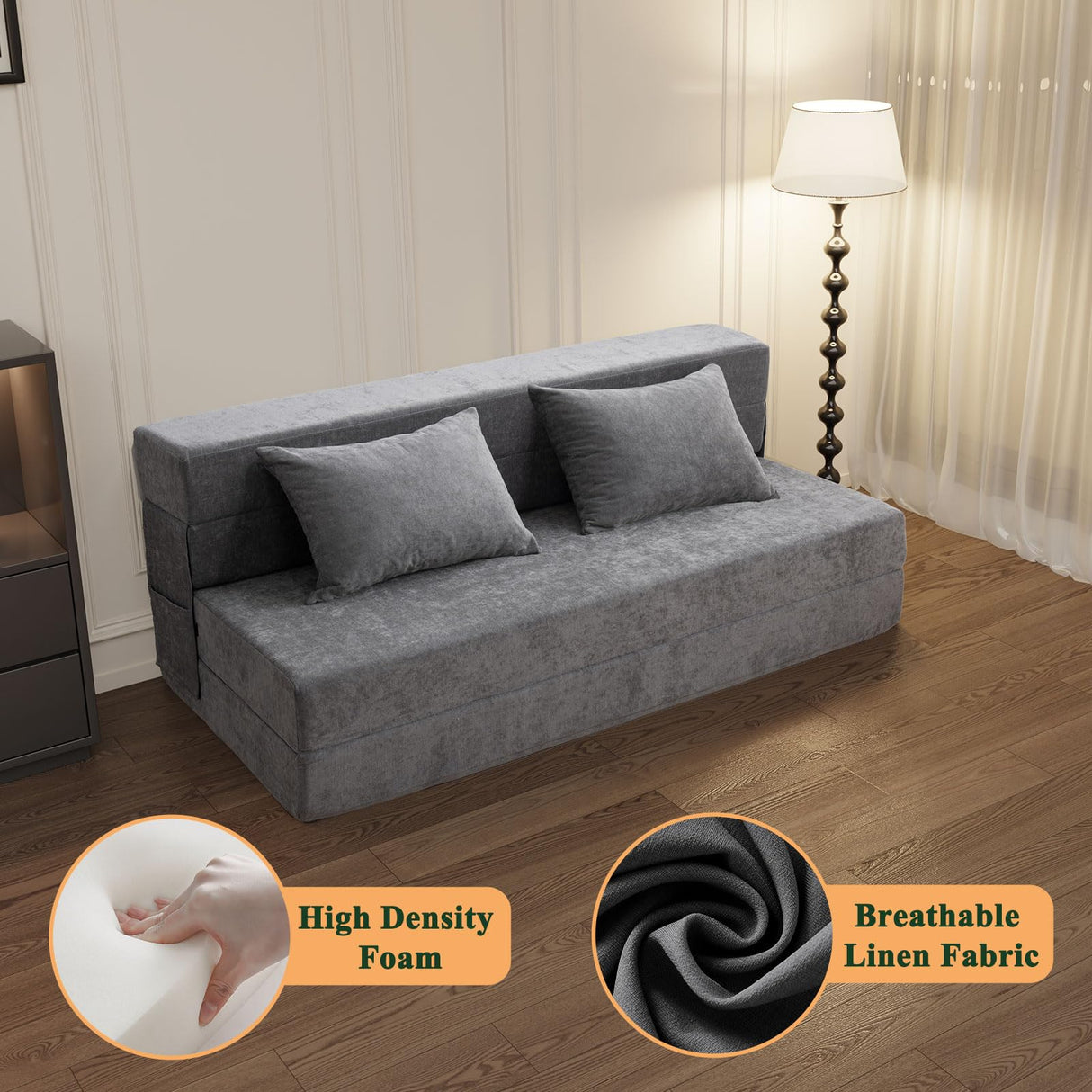 HOMFINE Folding Sofa Bed - Convertible Sleeper Chair with Pillow, Fold Out Couch, Memory Foam Floor Mattress, Futon Couch, Lazy Sofa for Living Room/Dorm/Guest Room/Home Office, Queen, Grey HOMFINE