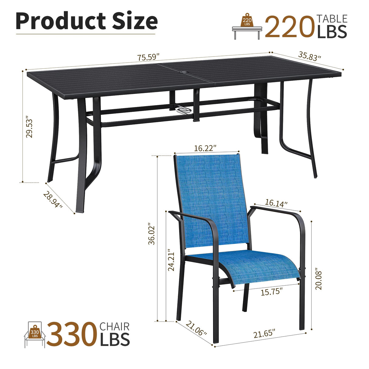 BUPPLEE 9-Piece Outdoor Patio Dining Set with 8 Stackable Dining Chairs, Metal Table with Umbrella Hole, 8-Person Patio Table and Chairs for Backyard, Poolside, Balcony and Garden Blue BUPPLEE