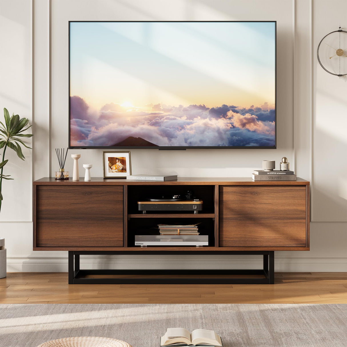 HAIOOU TV Stand for 50 55 Inch TV, Modern TV Console Small Entertainment Center with Sturdy Metal Base, Push-to-Open Doors and Soft-Close Hinges for Living Room, Bedroom - Walnut Brown HAIOOU