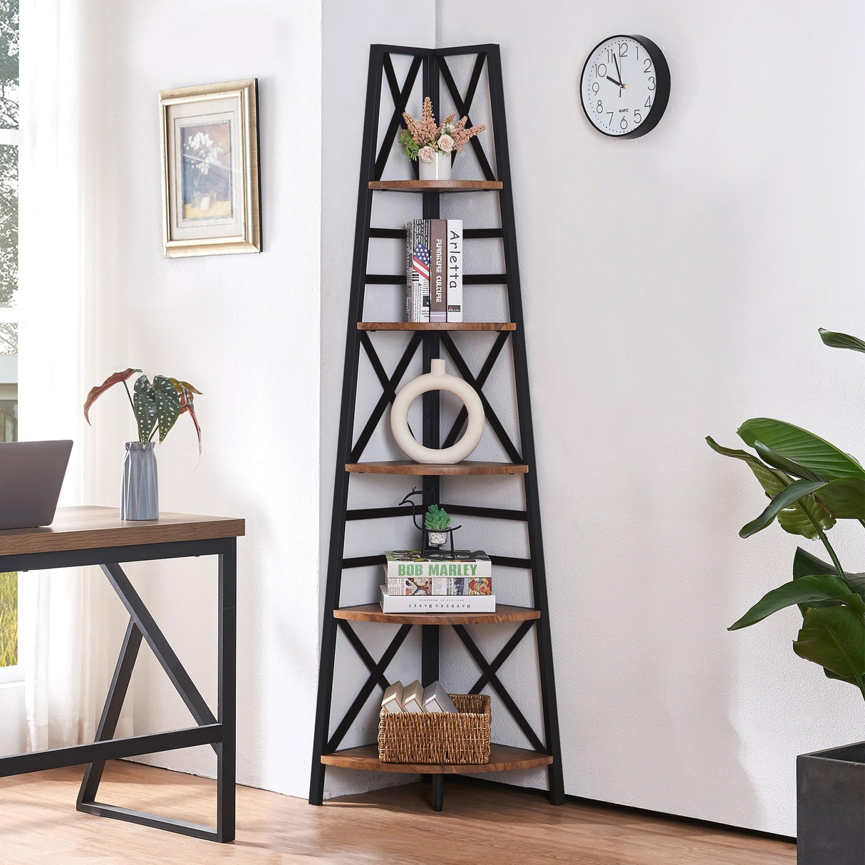 HOMBAZAAR 72-Inch Rustic Brown 5-Tier Corner Bookshelf with Metal Frame HOMBAZAAR