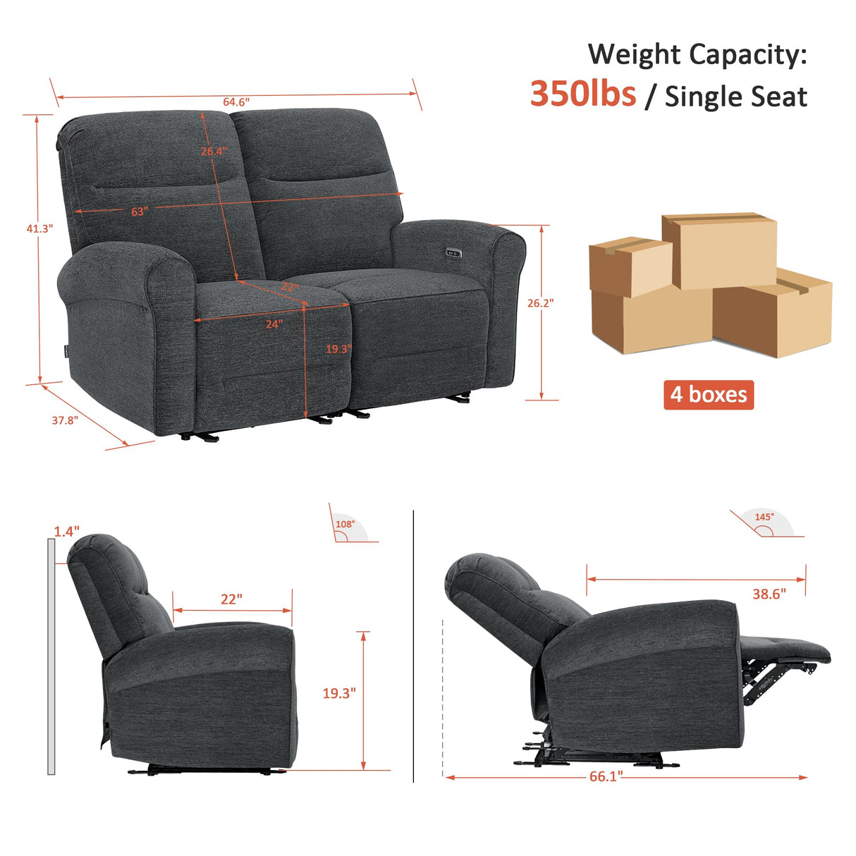 MCombo 64.6" Wall Hugger Power Loveseat Recliner Sofa with USB Ports, Reclining Loveseat for Small Spaces Living Room RV, Fabric PR635M1 (Dark Grey) MCombo