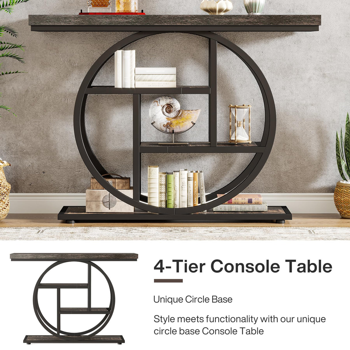 Tribesigns 41.3" Console Table, Industrial 4-Tier Sofa Table Entryway Table with Circle Base, Narrow Wood Accent Tables with Storage Shelves for Living Room, Hallway, Foyer, Black Tribesigns