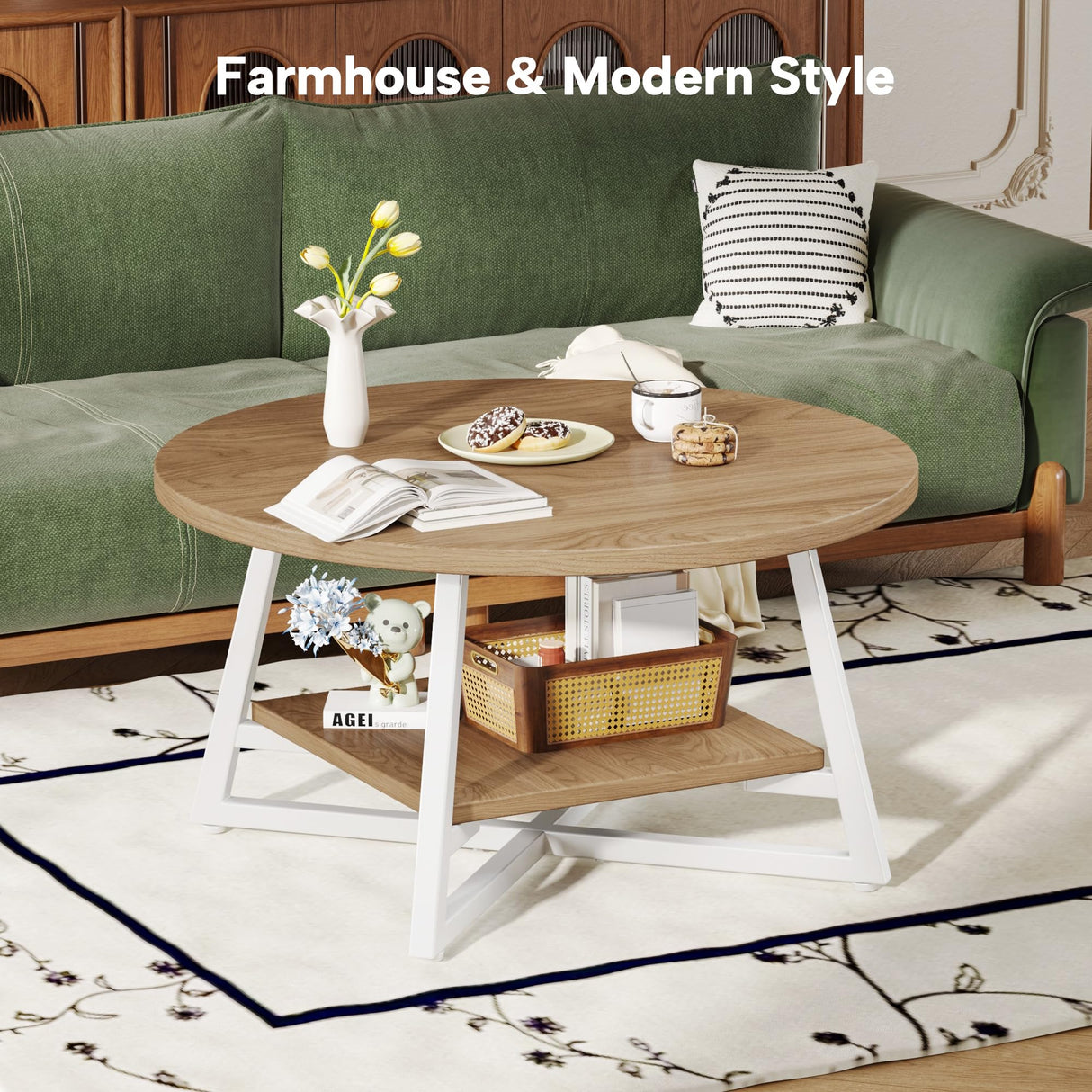 Coffee Table for Living Room, Round Coffee Table, Small Circle Coffee Table with Storage, Modern Wood Round Center Table for Home Office, Small Space, Easy Assembly, Light Coffee Homeiju