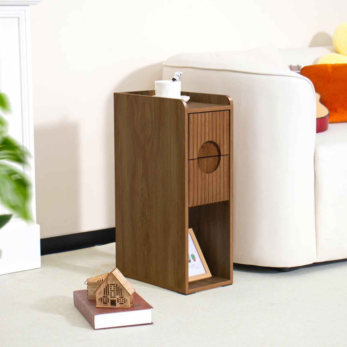 Narrow Fluted Nightstand Set of 2, Wooden Small 2 Drawer Nightstand, Slim Side End Table, Vintage Bedside Table, Mid Century Modern Night Stand with Drawers, for Living Room, Bedroom, Walnut Jluomei