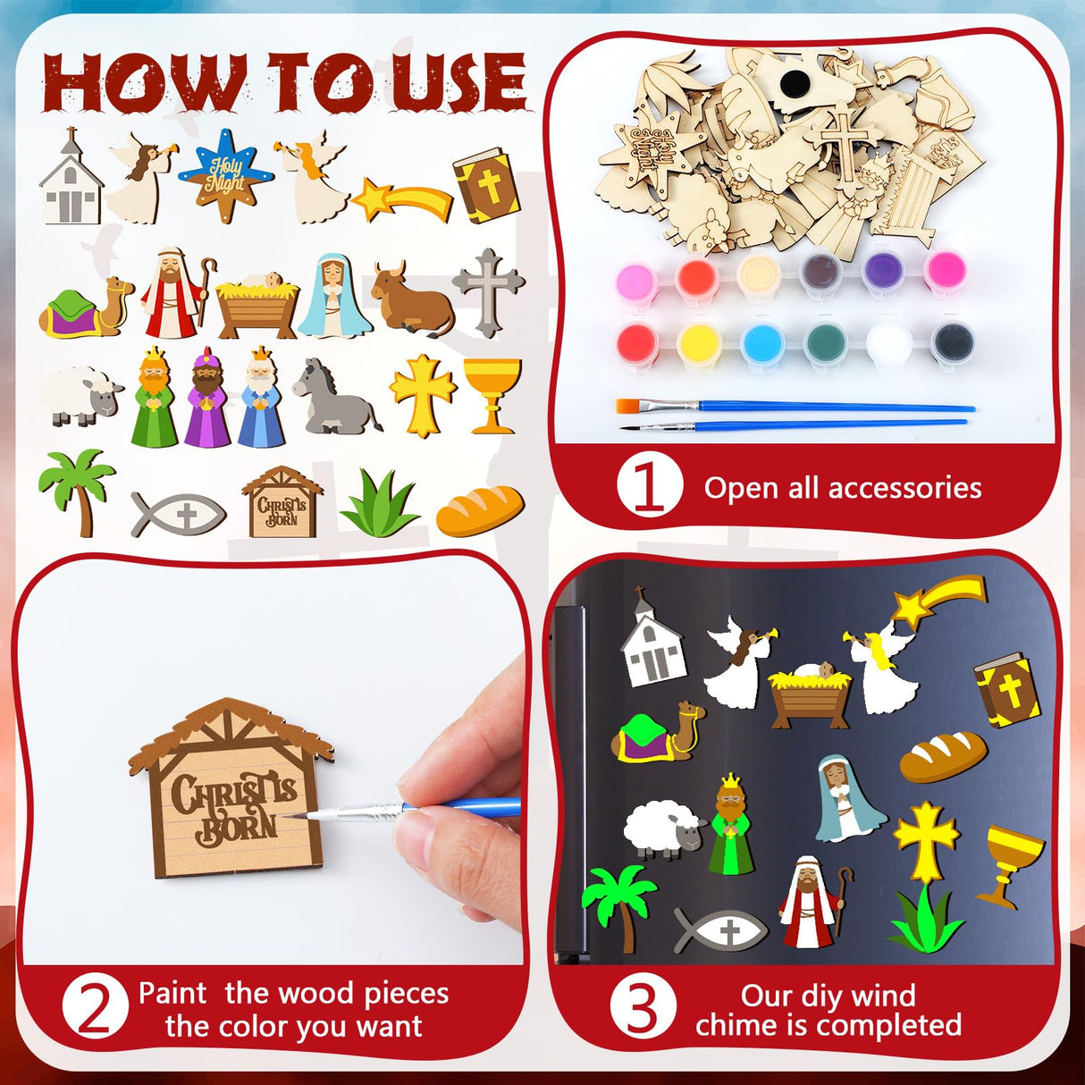 Mootycapa 24 Pcs Christmas Christian DIY Wooden Magnets to Paint, Nativity Scene Glow in The Dark Wood Painting Crafts, Jesus Fridge Magnets Craft Kits for Boys Girls School Home Party Activities Mootycapa