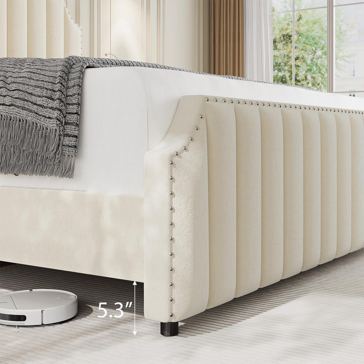 GarveeHome King Size Velvet Bed Frame, 50.2 in Tall Headboard & Footboard, Upholstered Platform King Bed Frame with Nailhead Trim, No Box Spring Needed, Noise Free, Solid Wooden Slats, Beige GarveeHome