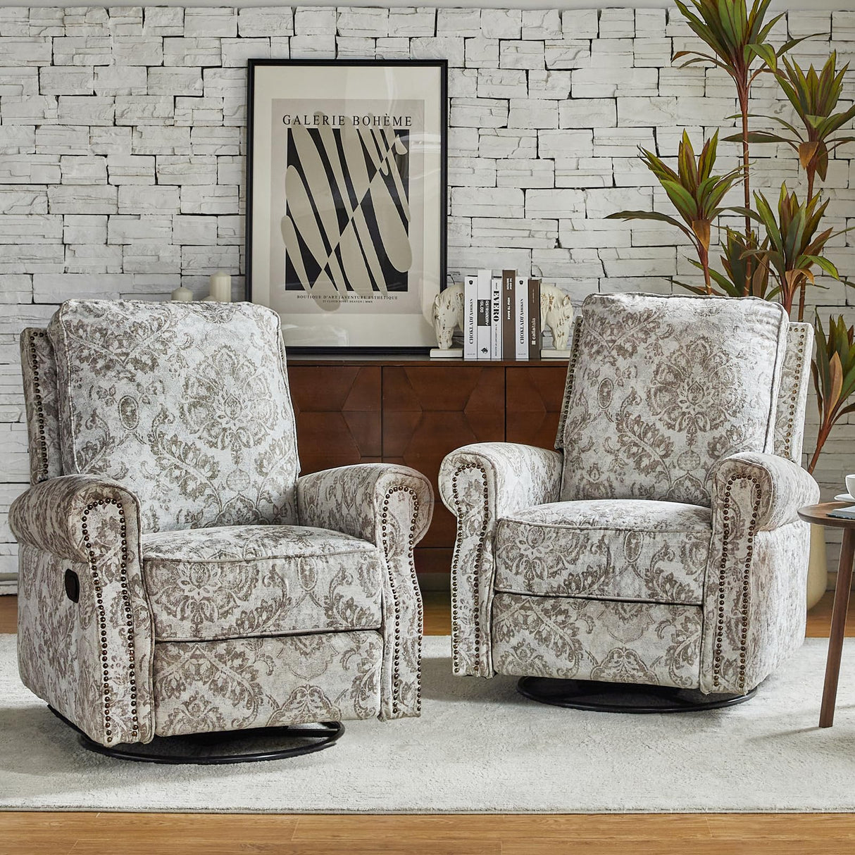 HULALA Home Swivel Rocker Recliner Set of 2, Modern Printed Fabric Swivel Recliner Chair for Adults Glider with Adjustable Backrest & Footrest, Beige HULALA HOME
