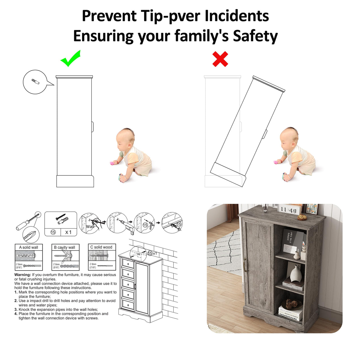 Vabches 5 Drawers Dresser for Bedroom with Sliding Barn Door, 48" Tall Farmhouse Modern Chest of Drawers, Wood Organizer Dresser for Bedroom, Hallway, Living Room, Rustic Washed Grey Vabches