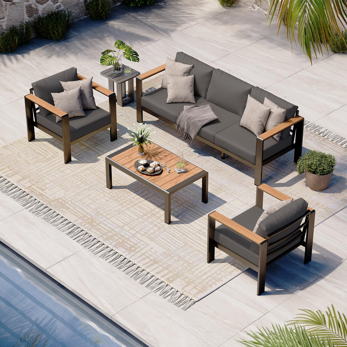 Oasbira Aluminum Outdoor Patio Furniture Set with Coffee Table, 4 Piece Patio Conversation Sets with Washable Thick Cushions, Patio Sectional Furniture Set for Porch, Balcony, Deck, Graphite Oasbira
