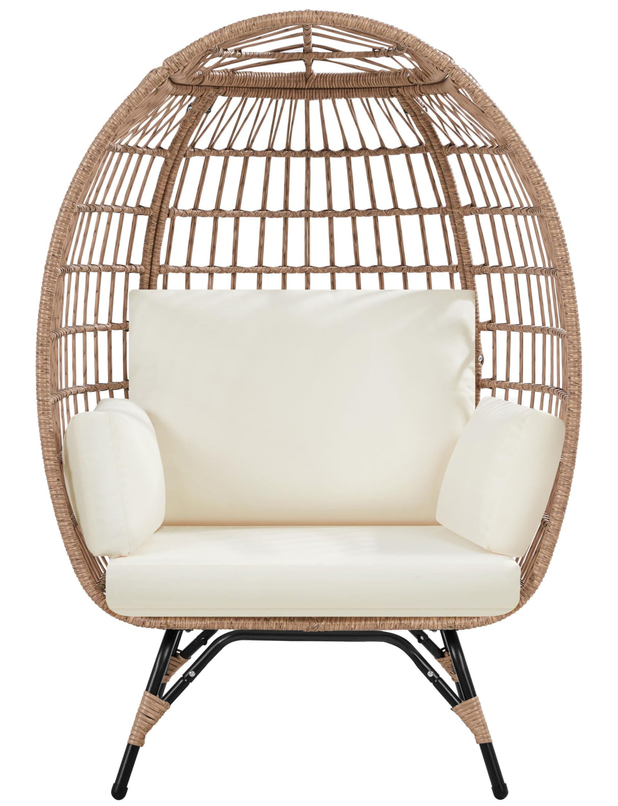 Yaheetech Egg Rattan Chair, Indoor/Outdoor PE Rattan Egg Basket Lounge Chair w/ 4 Cushions, Oversized Egg-Shaped Chair w/Metal Frame Stand for Patio, Backyard, Living Room - Light Brown/Ivory Yaheetech