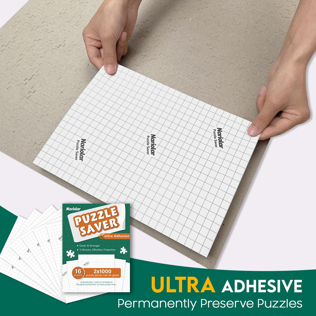 Nariolar Ultra Adhesion Puzzle Glue Sheets; 16 Jigsaw Puzzle Saver Sheets; 2 x 1000 Pieces Saver Nariolar