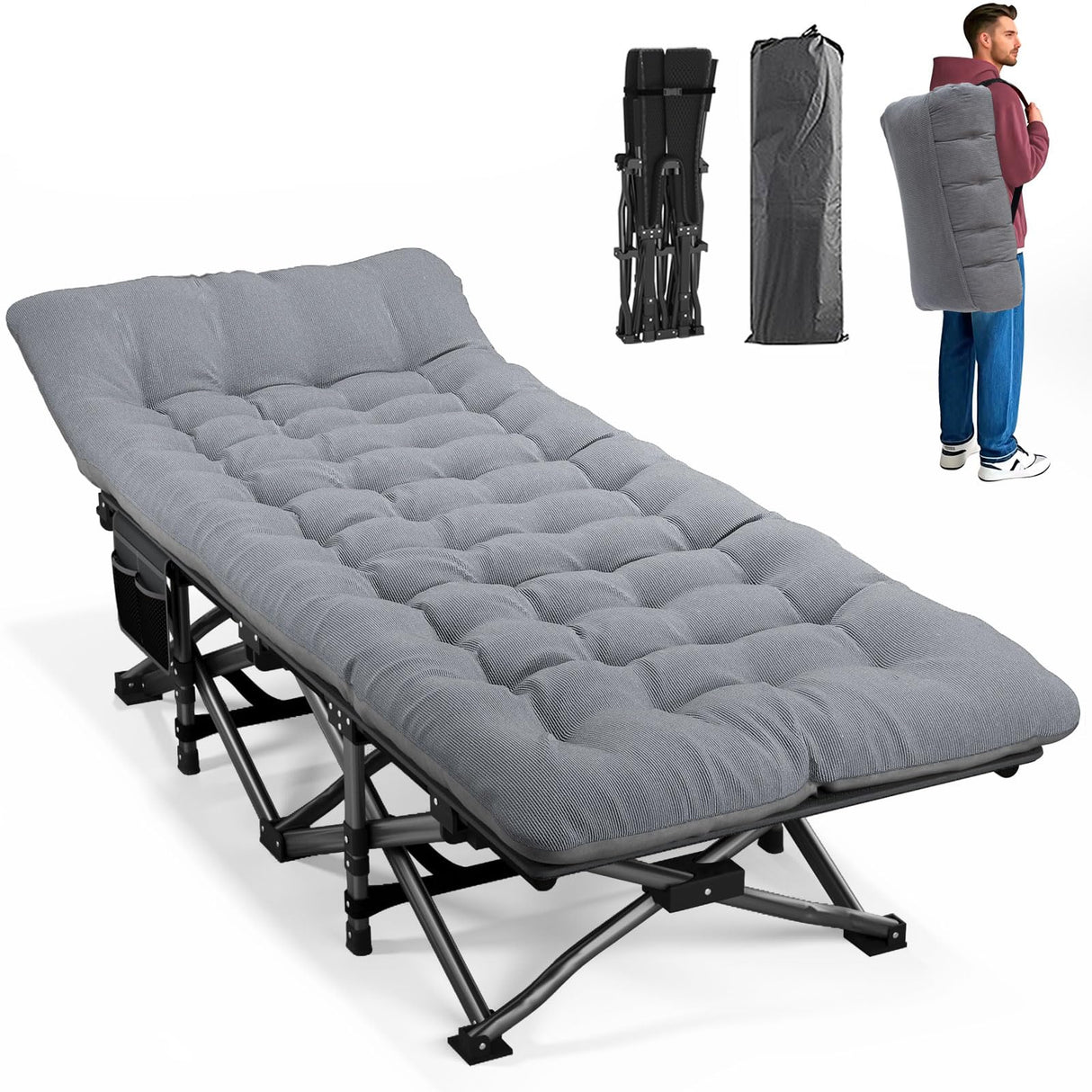 ATORPOK Camping Cot for Adults with Cushion Comfortable, Portable Folding Bed for Sleeping Supports 450 lbs (Gray) ATORPOK