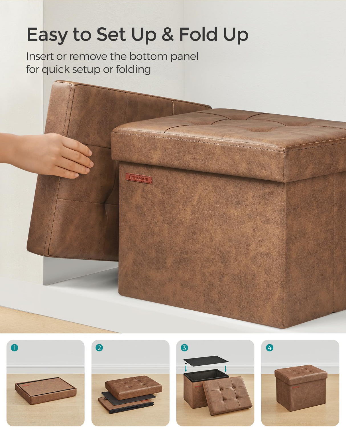 SONGMICS Small Folding Storage Ottoman, Foot Rest Stool, Cube Footrest, Synthetic Leather, 12.2 x 16.1 x 12.2 Inches, 286 lb Capacity, for Living Room, Bedroom, Dorm, Coffee Brown ULSF100K01 SONGMICS
