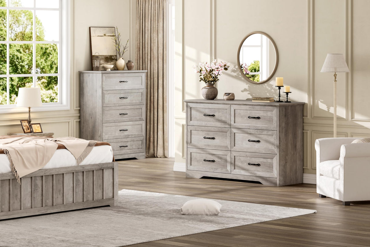 GarveeHome 6 Drawers Dresser for Bedroom,Chest of Drawers with Wide Metal Handle,Farmhouse Modern Wooden Dresser,Natural Texture,Storage Organizer Dresser for Bedroom,Living Room,Kids Room(Grey) GarveeHome