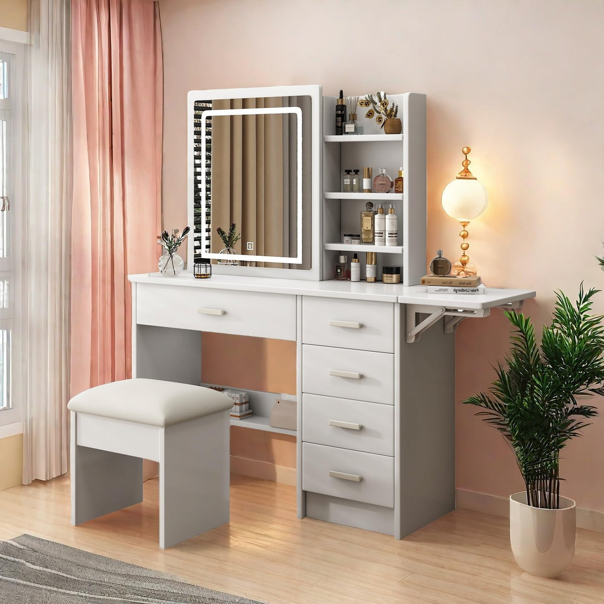 Runboll Stylish Vanity Desk with Mirror and Lights, White Dressing Table Set with Chair, 5 Drawers & Open Shelves, Adjustable 3-Color LED Lighting, Perfect for Bedroom Makeup Runboll