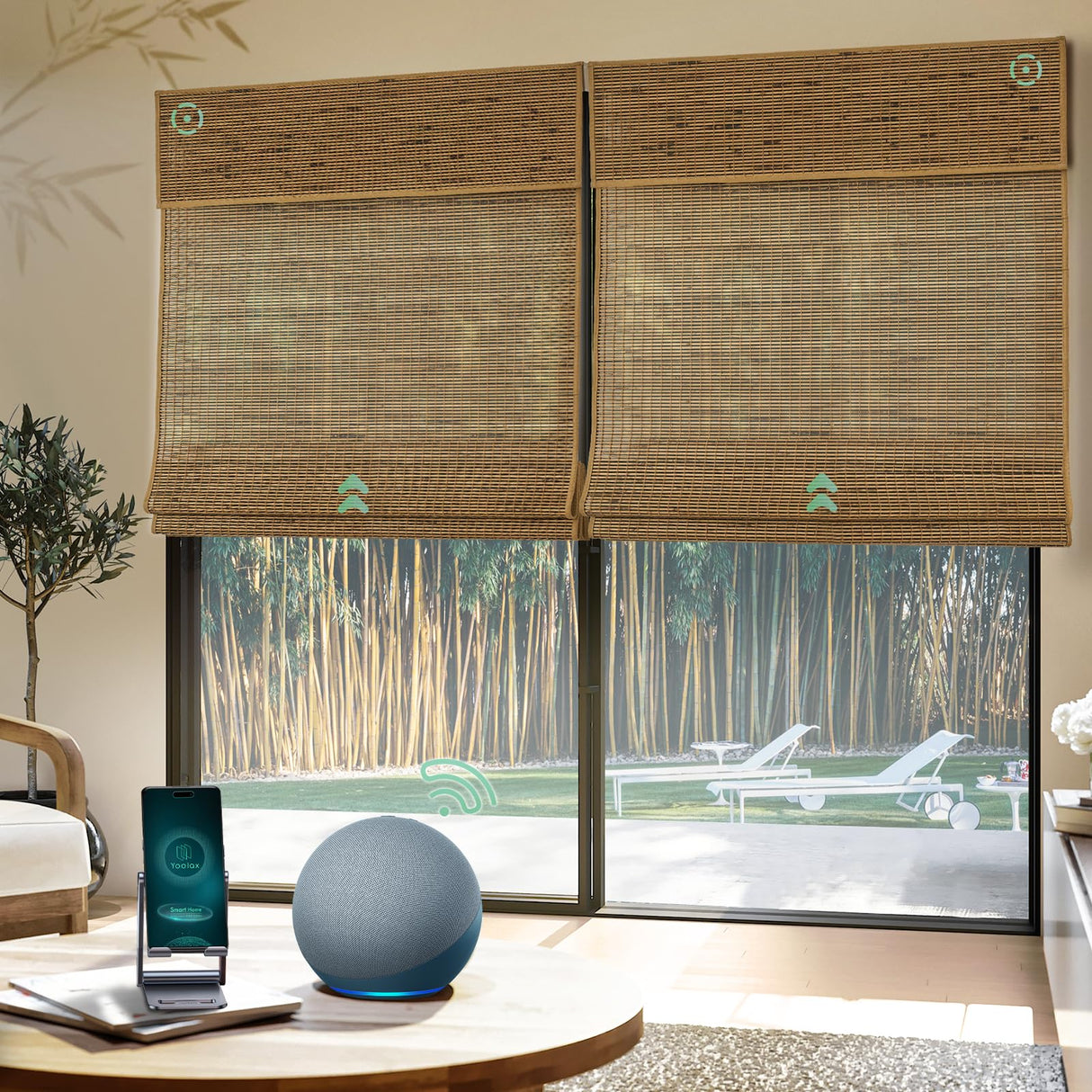 Yoolax Motorized Bamboo Roman Blinds with Remote, Roman Shades for Indoor Windows, Smart Blinds with Voice Control, Compatible with Alexa Google Home, APP Control, Custom Size, Bamboo Brown Yoolax