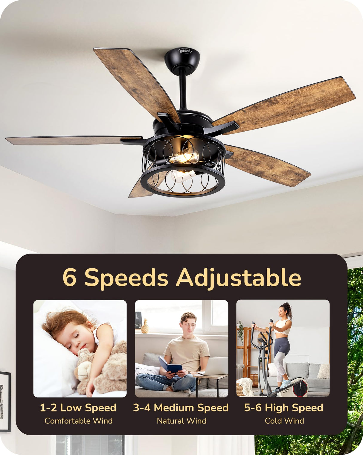 EDISHINE 52 Inch Farmhouse Ceiling Fans with Lights, Rustic Ceiling Fan with Light and Remote, 5 Wooden Blades Lighting & Ceiling Fans with Timer, 6 Speeds Reversible DC Motor for Bedroom Patio Porch EDISHINE