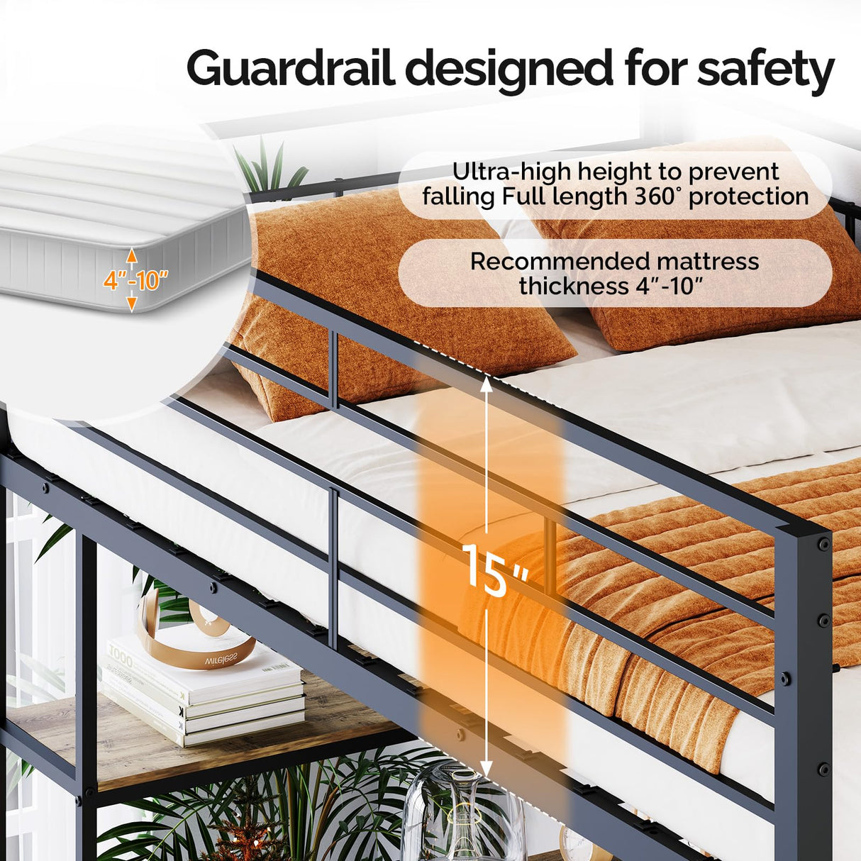 VINGLI Twin Metal Loft Bed Frame with 15 Inches Safety Guardrail, Non-Slip Ladder, 2 Charging Stations, L-Shaped Desk, Storage Shelve, 4 Drawers, LED Lights, for Kids, No Box Spring Needed, Black VINGLI