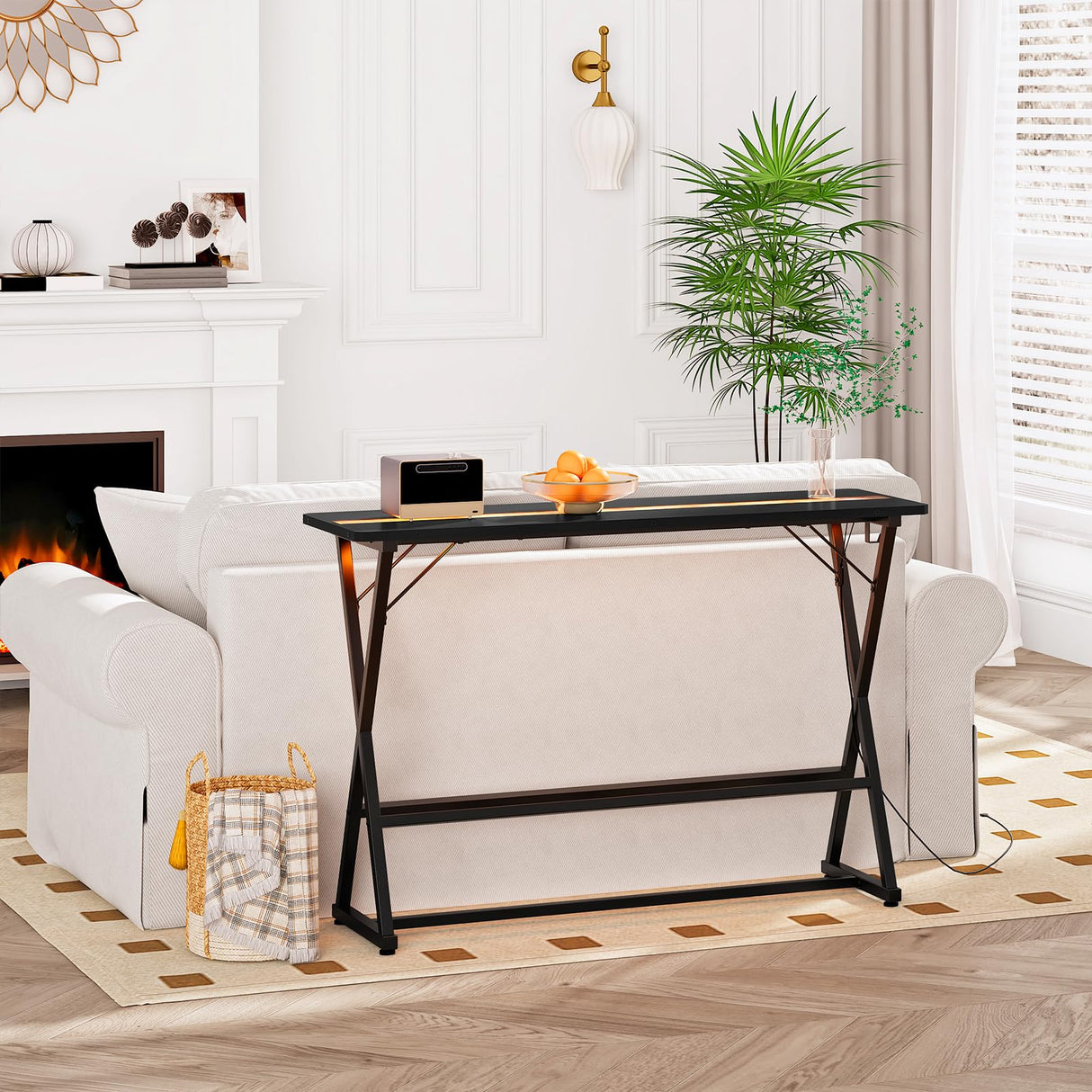 HOOBRO Bar Table,47.1" Rectangular Pub Table,Tall Counter Bar Height Table with LED Light and Glass Decoration, Modern Dining Table Footrests, for Dining Room, Pub, Tavern, Black BB68DBT01 HOOBRO