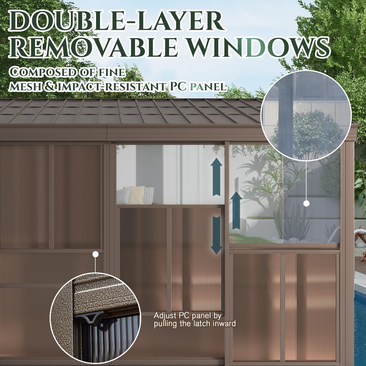 EROMMY 10' x 14' Sunroom, Wall Mounted Gazebo with Galvanized Steel Roof & Aluminum Frame, 3-Sided Sliding Doors, Lean to Gazebo with 6mm Thickened UV-Resistant PC Screen for Patio, Garden, Backyard EROMMY