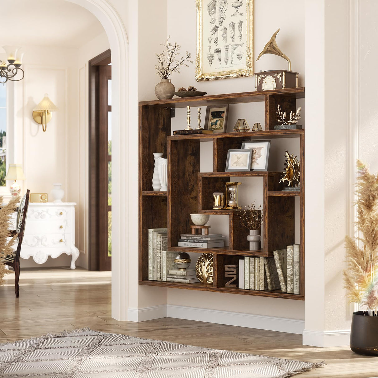 Armocity 6 Tier Display Book Shelf Wall Mounted Bookshelf Freestanding Geometric Bookcase Floating Book Shelves for Wall Bedroom Living Room Home Office, 45.5"(W) * 47"(H), Rustic Brown Armocity
