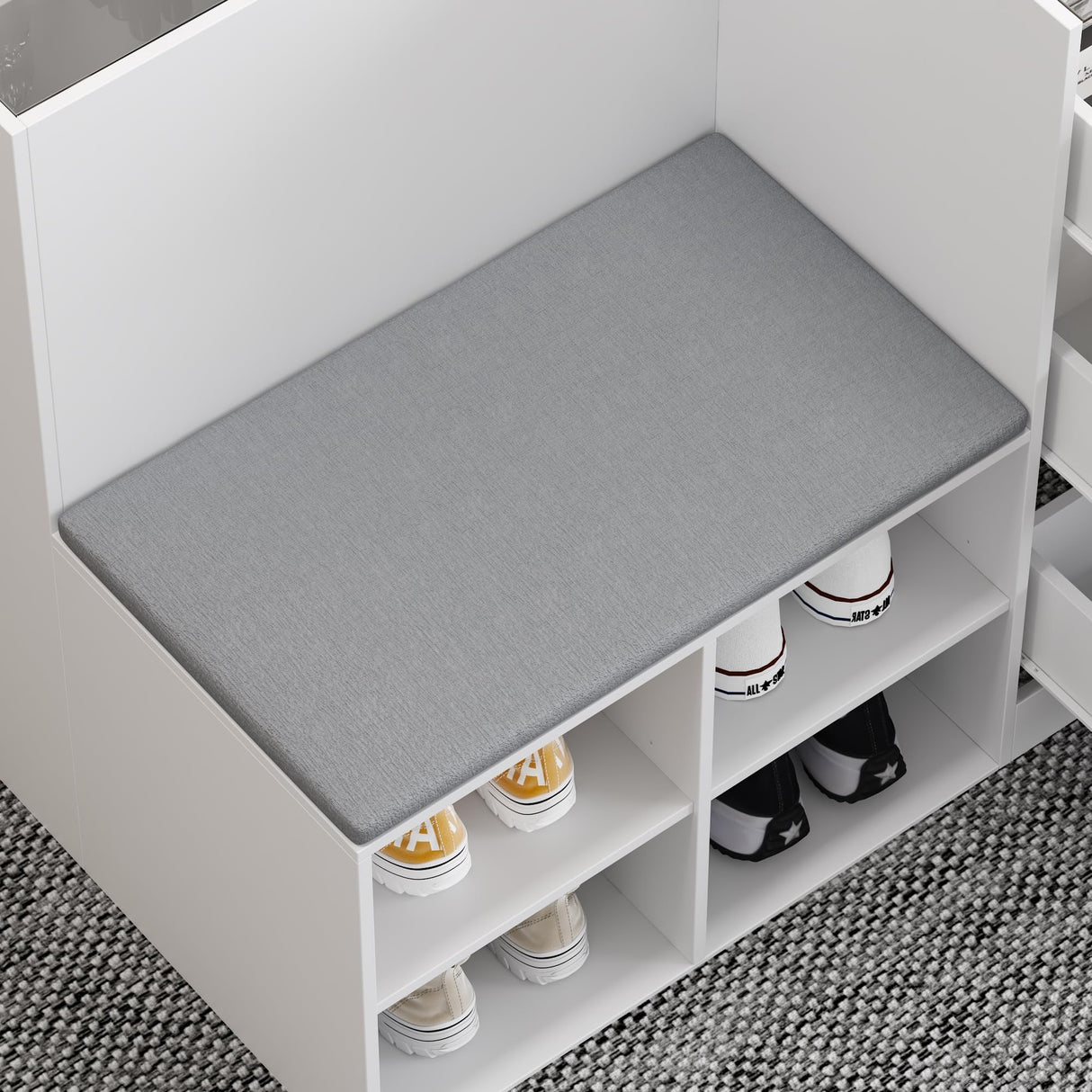 ROMSHINE Glass Display Cabinet Closet Island, Glass Top Storage Cabinet for Retail, Collectibles Showcase with 9 Dawers & Shoe Bench, Walk in Display Island for Retail Shop, Cloakroom, White ROMSHINE