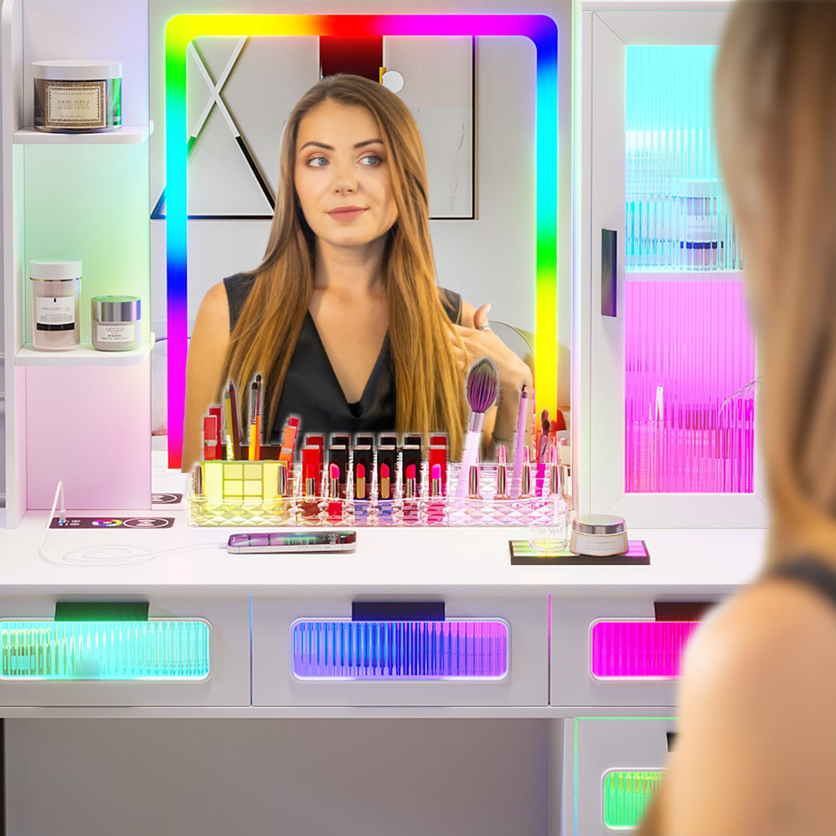 HNEBC RGB Vanity Desk with Mirror and Lights, LED Vanity Makeup Desk with USB/Wireless Charger Station, Vanities Dressing Table Sets with 6 Drawers/Cabins/Stool/Shelves for Bedroom&Cloakroom(White) HNEBC
