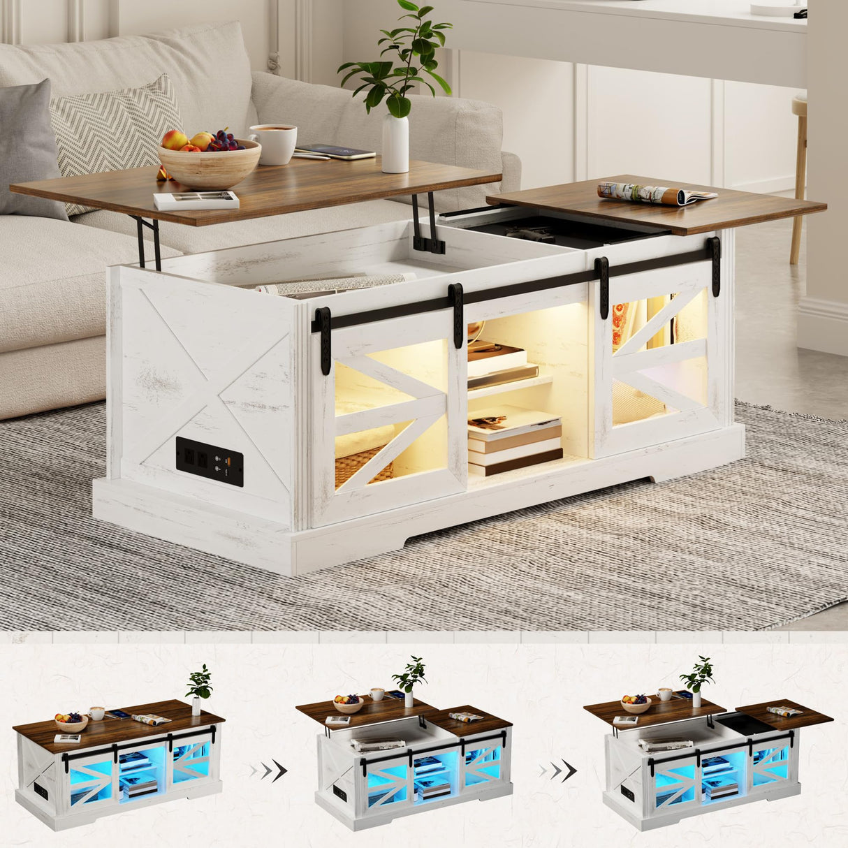 Lift Top Coffee Table with Gun Cabinet, 2 Sliding Barn Doors-Large Storage and 3 Color LED Lights fit Modern Rectangular Rustic Living Room Center Table(White) HWB