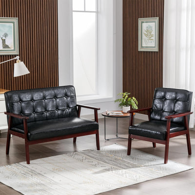 Okeysen Modern Loveseat Sofa Set (Black) - Ergonomic Leather, Mid-Century Design, 2-Seat & Accent Chair, Small Spaces Furniture, Living Room, Apartment, Office