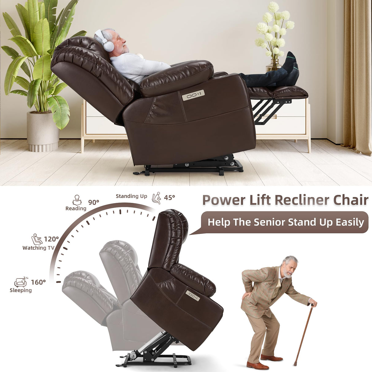 Outspurge Power Lift Recliner Leather Chair Sofa with Massage & Heat, Lazy Boy Chair with Cup Holders, USB & Type-C Ports, Remote Control (Brown) Outspurge