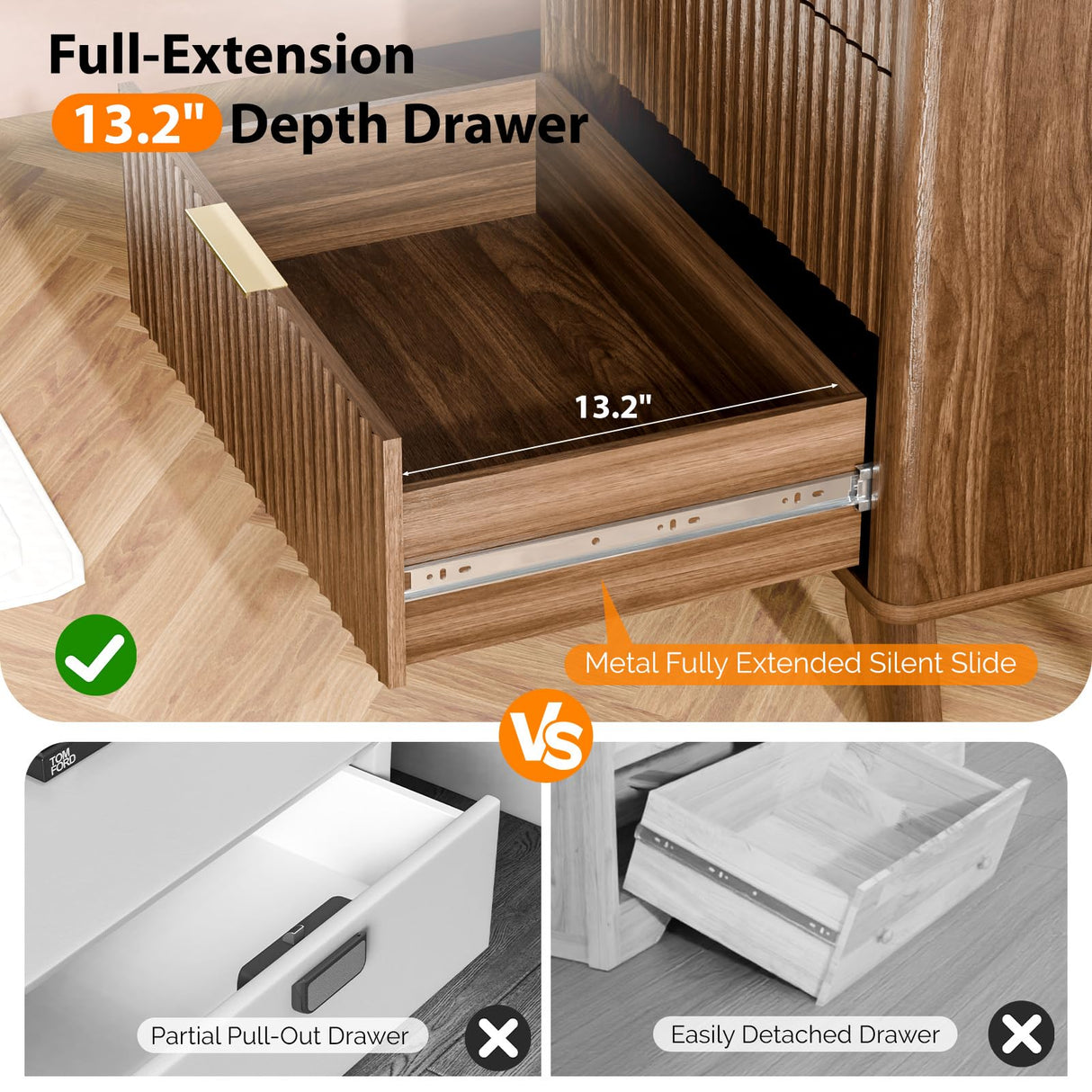 VINGLI Fluted Tall Dresser 5 Drawer, 23.66" W Chest of Drawers, Walnut Wood Dresser for Bedroom Mid Century Modern with Rounded Edge, 23.66" W*15.59" D*44.88" H VINGLI