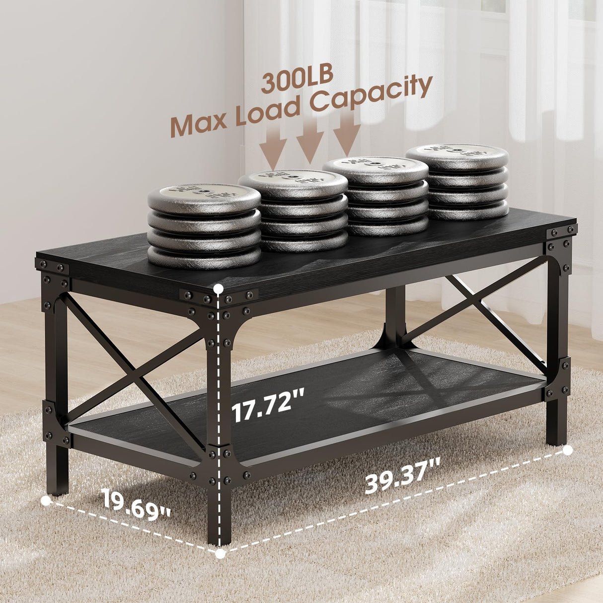 Rectangle Coffee Tables for Living Room, Wood Rectangular Coffee Table, 2 Tier Industrial Modern Center Table with Thickened Tabletop and Metal Frame, 40 inch Long (Black) AntsandAnts