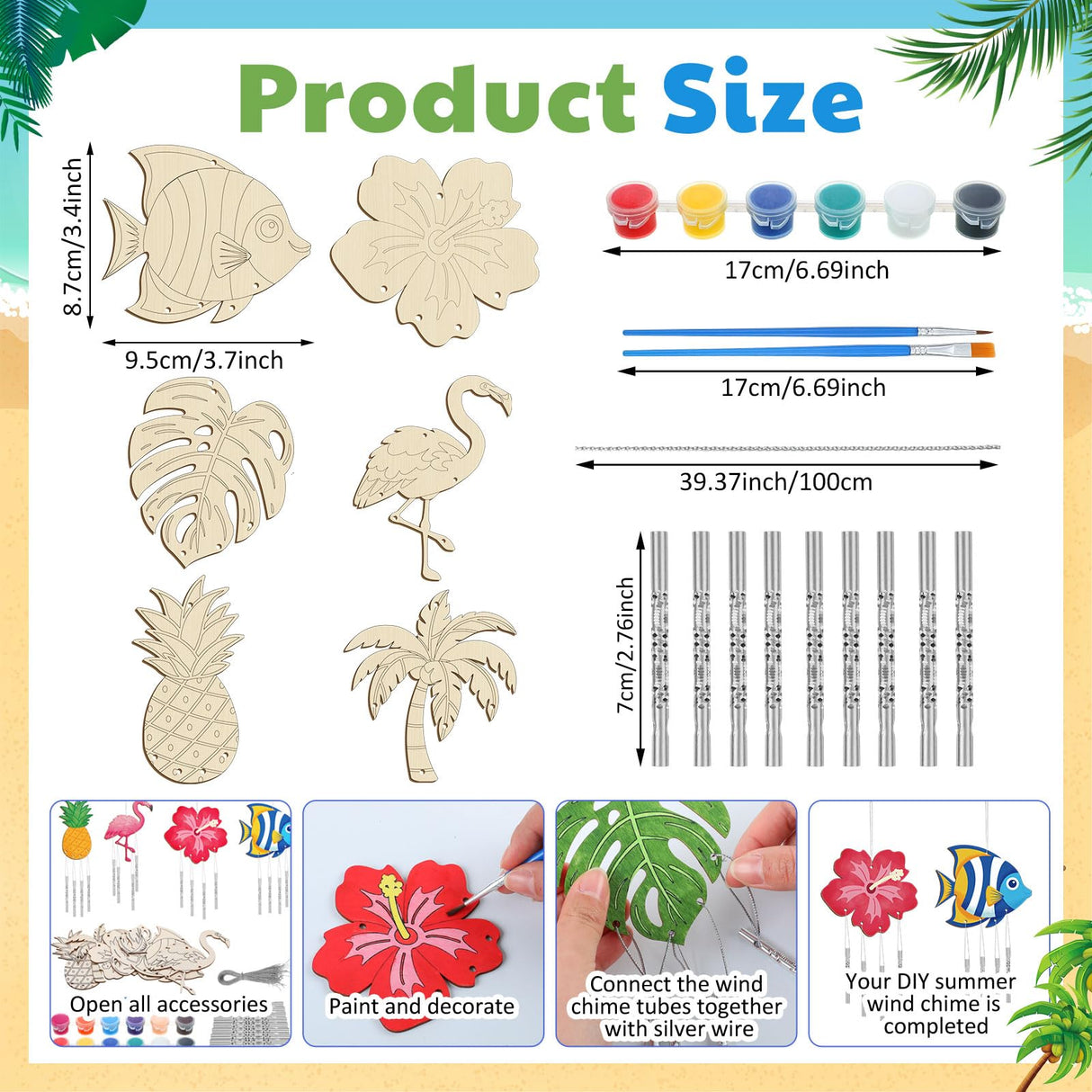 Silipull 24 Sets Summer Wind Chimes Craft for Kids Make Your Own Hawaiian Wind Chimes DIY Tropical Wooden Hanging Ornament for Kids Summer Hawaiian Party Outdoor Decoration Silipull
