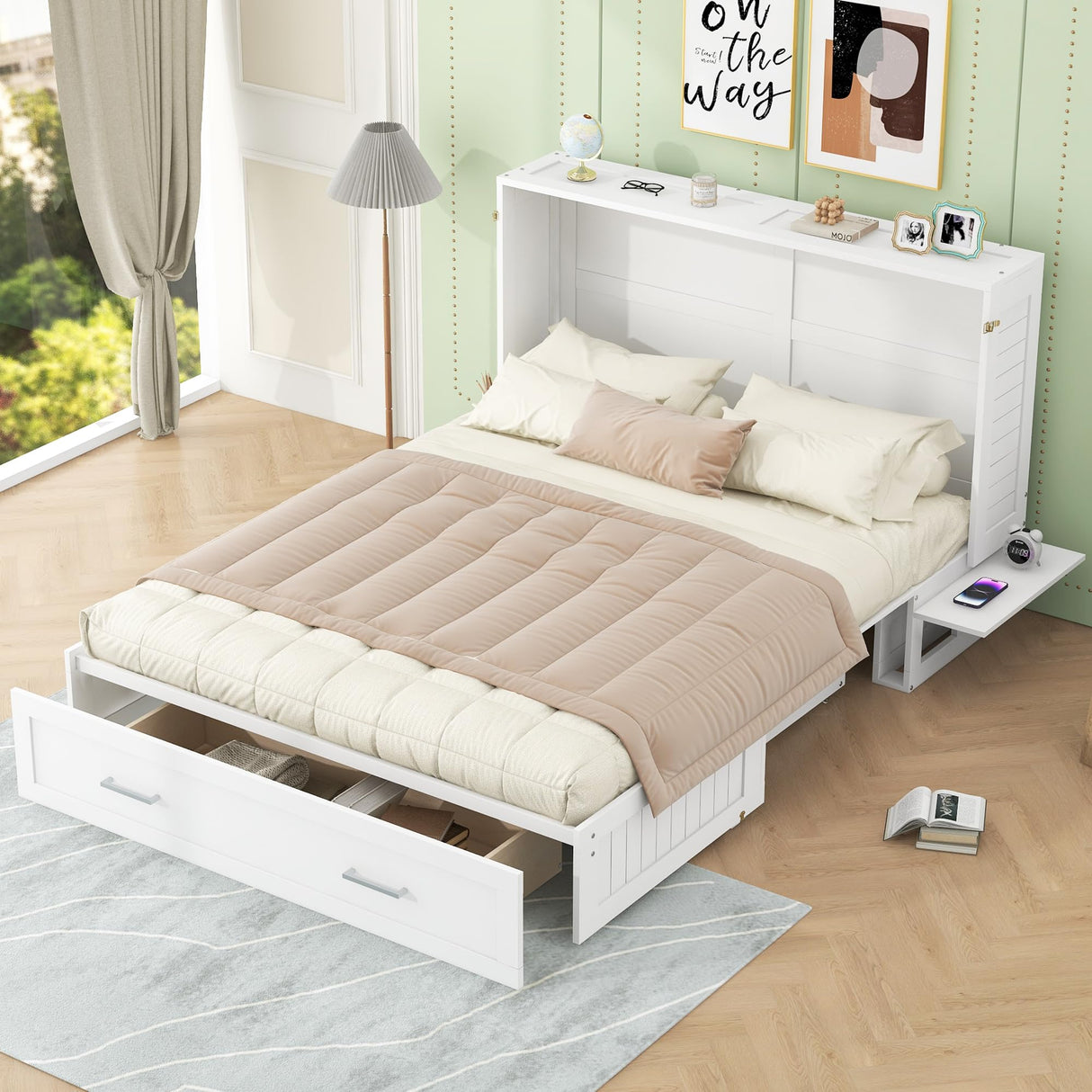 Ball & Cast Mobile Murphy Bed Queen Size with A Big Storage Drawer and 2 Bedside Shelves on Each Side,Hideaway Foldable Fold-Down Bed w/Slat Support,Space-Saving Bedframe for Bedroom,White Ball & Cast