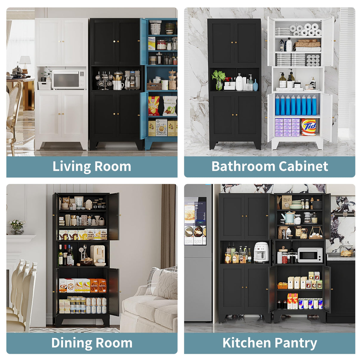 XIUSVON 69" High Bathroom Storage Cabinet, Modern Metal Pantry with Microwave Stand, Freestanding Linen Storage, Kitchen Hutch, Coffee Bar Hutch, Food Buffet Cabinet for Dining & Living Room XIUSVON