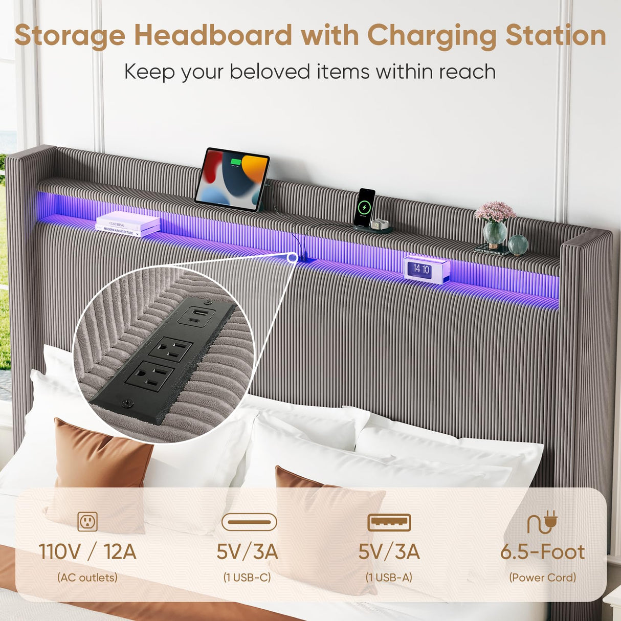 King Bed Frame with 55.3" Tall Headboard, Corduroy Upholstered Platform Bed with LED Lights & Charging Station, Wingback Storage Headboard, Solid Wood Slats,Noise Free,No Box Spring Needed,Gray Brown Welzona