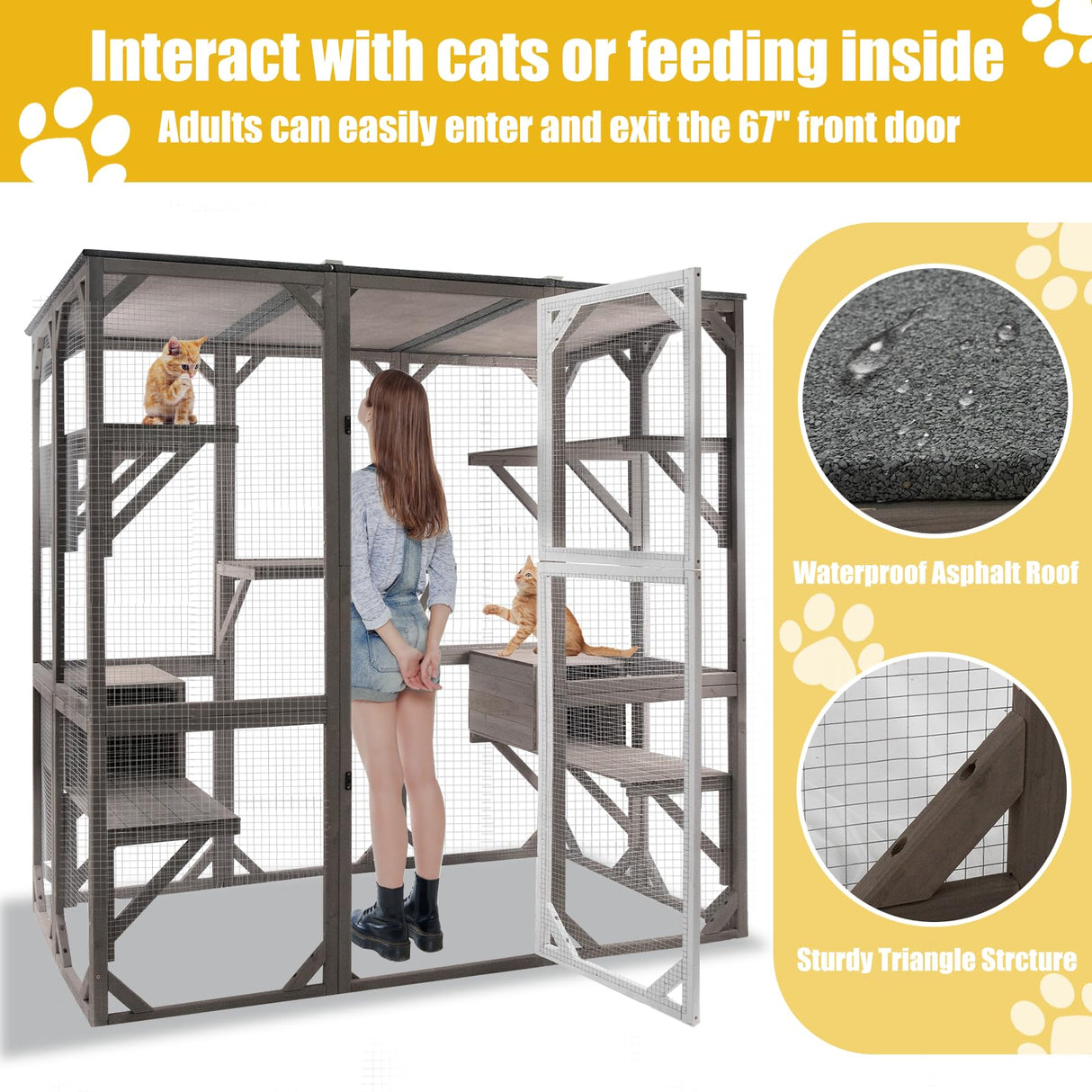 Gowoodhut Outdoor Catio Cat Enclosures - Wooden Cat House Weatherproof with Multi Platforms & Lounge Boxes, Indoor Interoperability - 71 Inch Gowoodhut