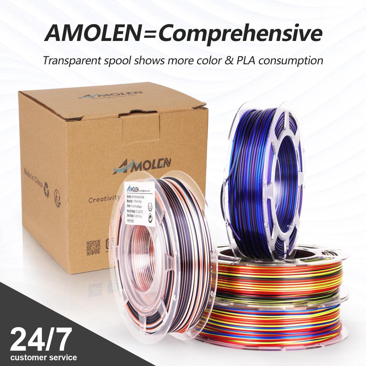 AMOLEN Silk PLA 3D Printer Filament Bundle, Shiny Multicolor Rainbow PLA Filament 1.75mm Pack, Fast Color Change PLA 3D Printing Filament for Most FDM 3D Printer, 200g X 4 Spools AMOLEN