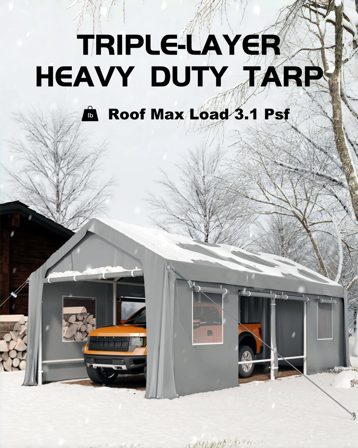 GarveeLife 25'x 13'x 11' Windproof Carport Top Replacement Cover Grey Heavy-Duty Garage Top Tent Shelter Tarp Waterproof & UV Protected (Top Cover ONLY, Frame Not Included) GarveeLife