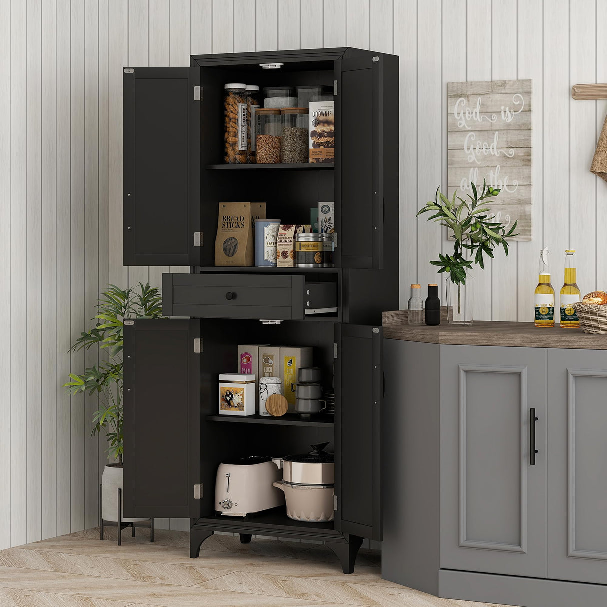 HOMCOM 67" Tall Freestanding Kitchen Pantry Cabinet, 4-Door Storage Cabinet with Drawer and Adjustable Shelves for Dining Room, Black HOMCOM