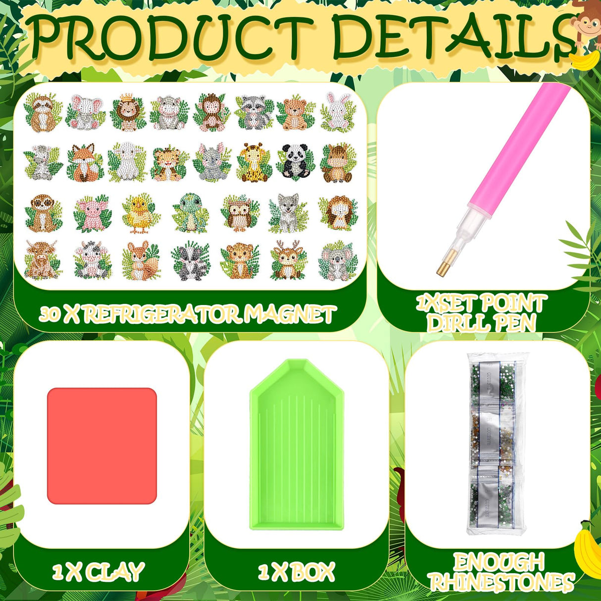 Xuhal 30 Pcs Jungle Animal Diamond Painting Magnets Safari Animal Diamond Art Magnets Kits for Adults Zoo Woodland 5D Rhinestone Refrigerator Magnetic Sticker for DIY Crafts Fridge Wildlife Gifts Xuhal