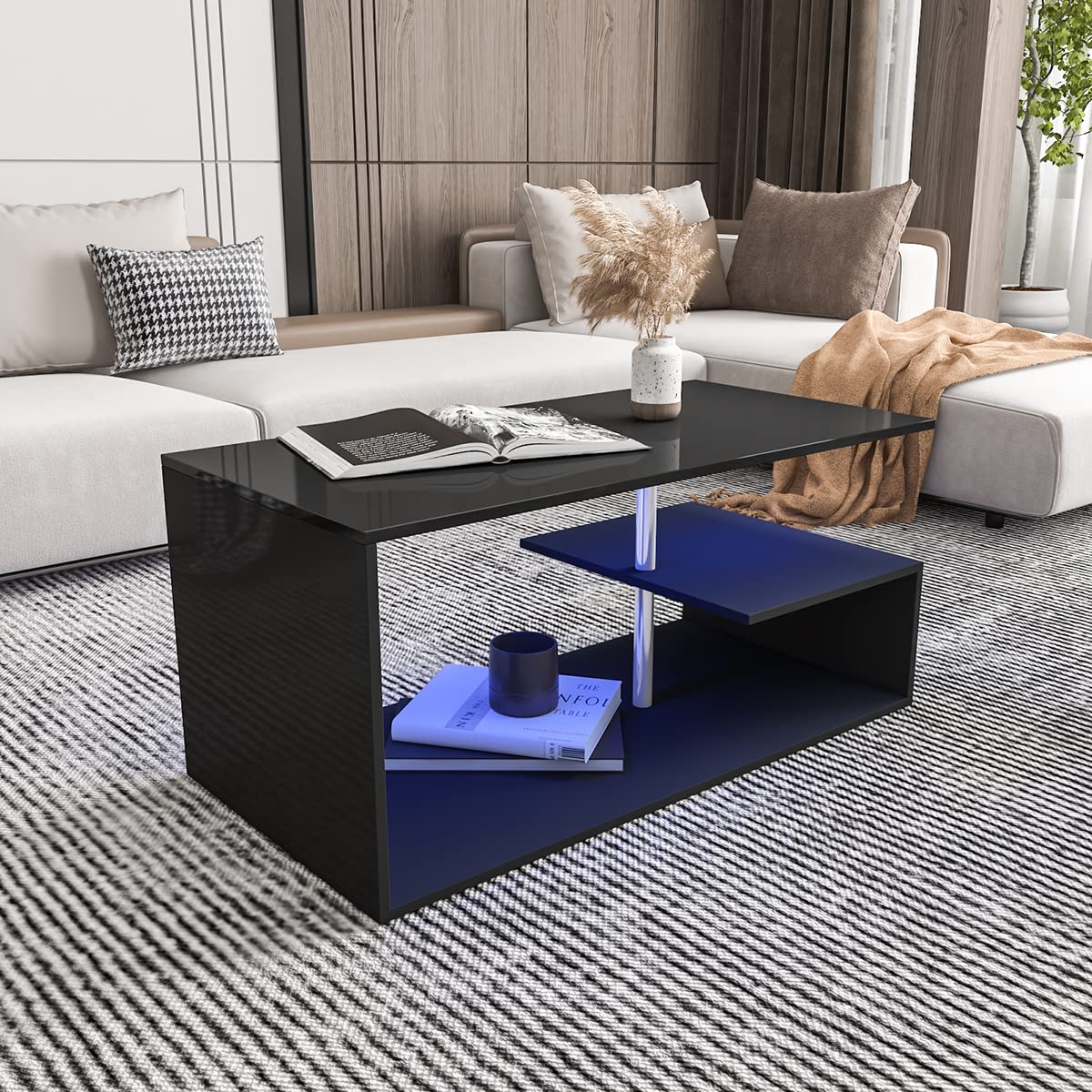 HOMMPA LED Coffee Tables for Living Room Modern Black Coffee Table with S-Shaped 3 Tiers Open Storage Shelf High Gloss Center Sofa Tea Table with LED Lights for Home Office Furniture Black 18" Tall HOMMPA