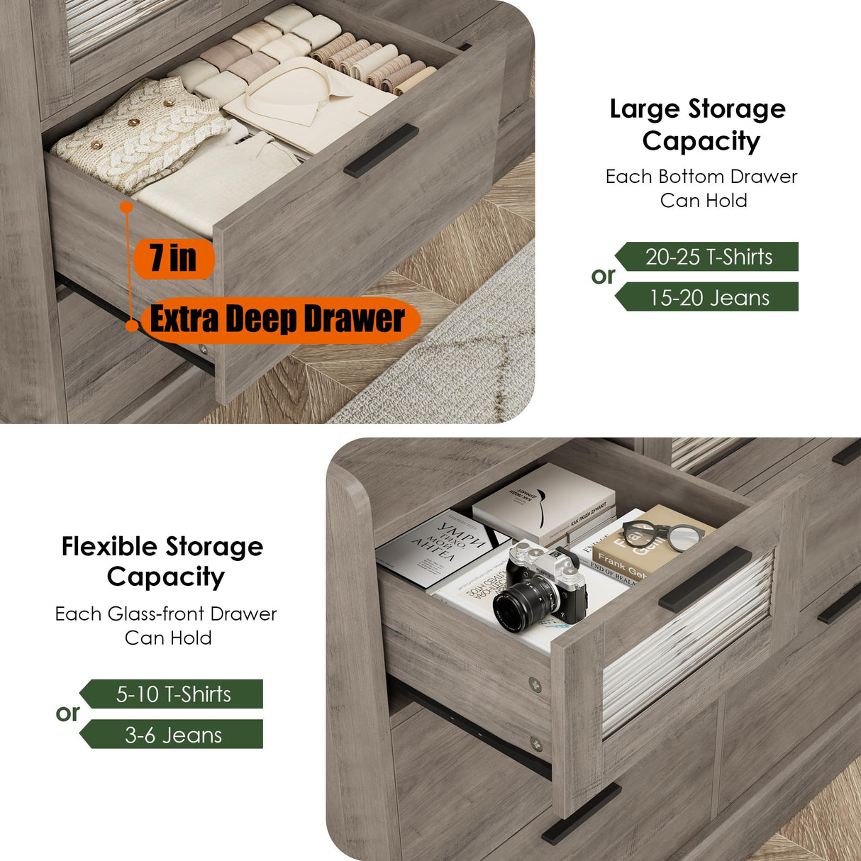 HOSTACK Modern 7 Drawer Double Dresser, Wide Chest of Drawers with Fence, Wood Storage Organizer with Metal Handle & Fluted Glass, Accent Storage Cabinet for Living Room, Entry, Ash Gray HOSTACK