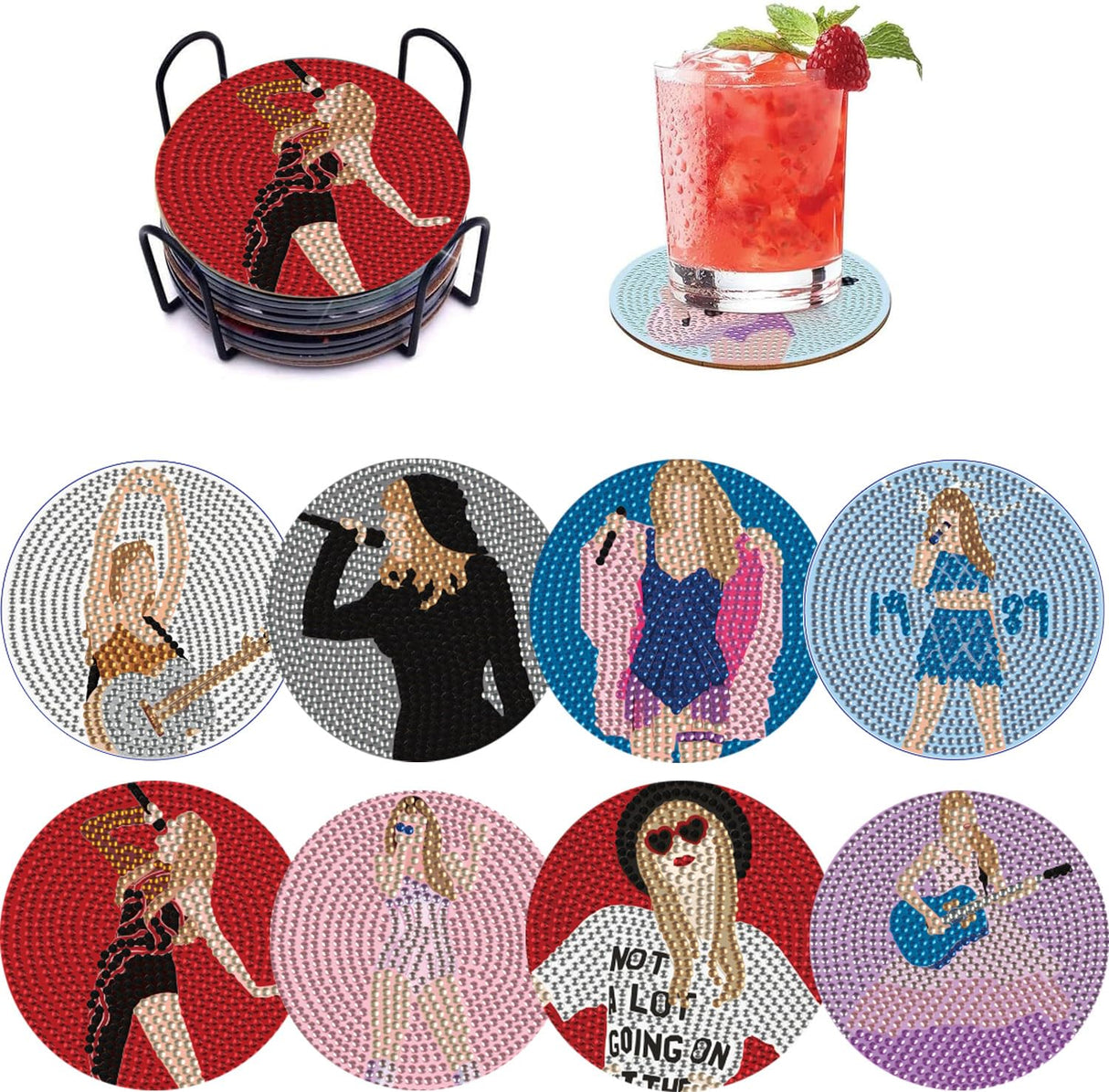 8 PCS Singer Diamond Art Coasters Kits, Pop Star Diamond Painting Coasters with Holder Set of 8, DIY Drink Coasters Art Crafts Supplies for Adults Cup Mat for Home Decor House Warming Gifts Non-Slip YSUNETER