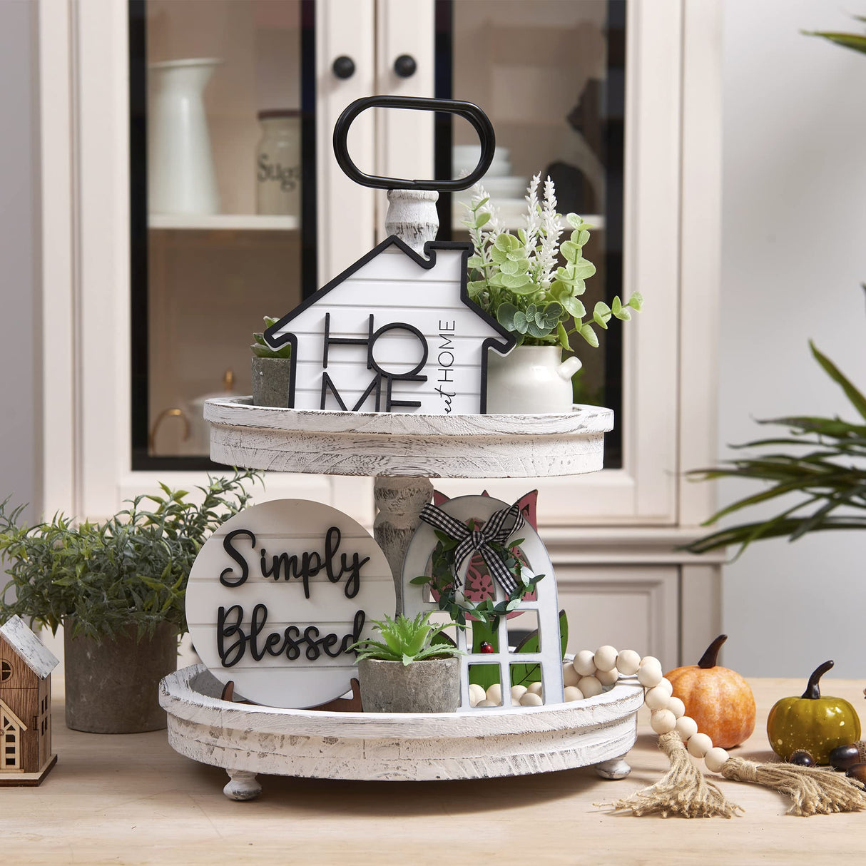 Houmury Set of 8 Farmhouse Tiered Tray Decor with 1 Artificial Succulent Plant & 1 Artificial Plant for Rustic Home Sweet Home Kitchen Decor Tier Tray Decor Set Houmury